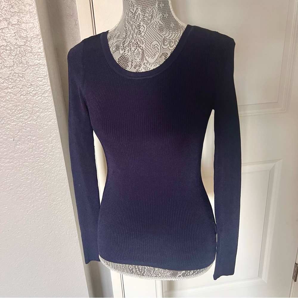 Express Silky Soft Fitted Navy Ribbed Knit Sweater